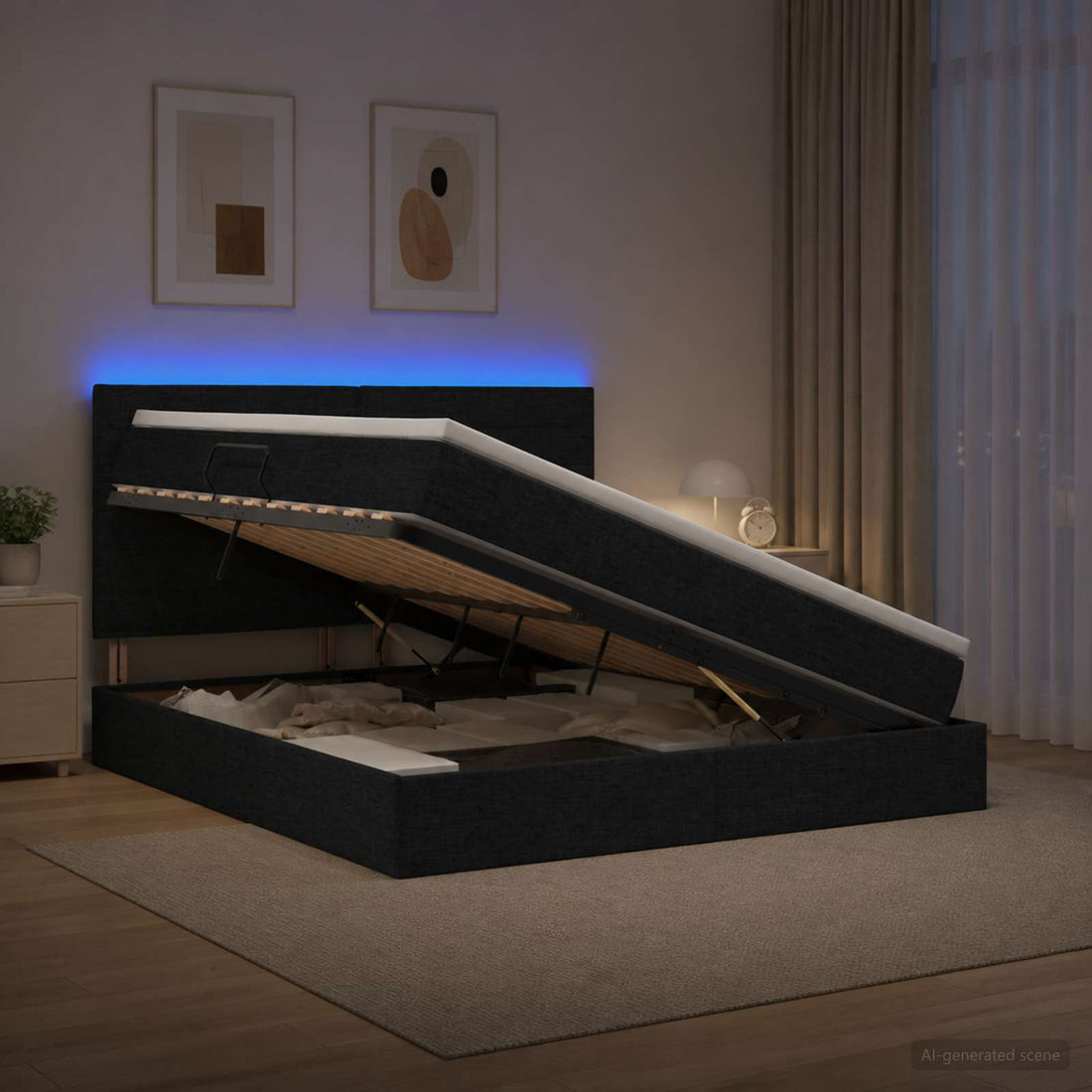 vidaXL Cama de almacenamiento LED con colchón Negro 140 x 200 cm Tela