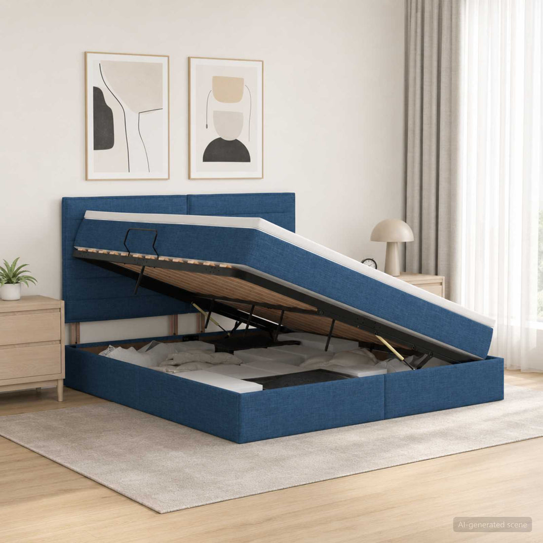 vidaXL Cama de almacenamiento LED con colchón Azul 180 x 200 cm Tela