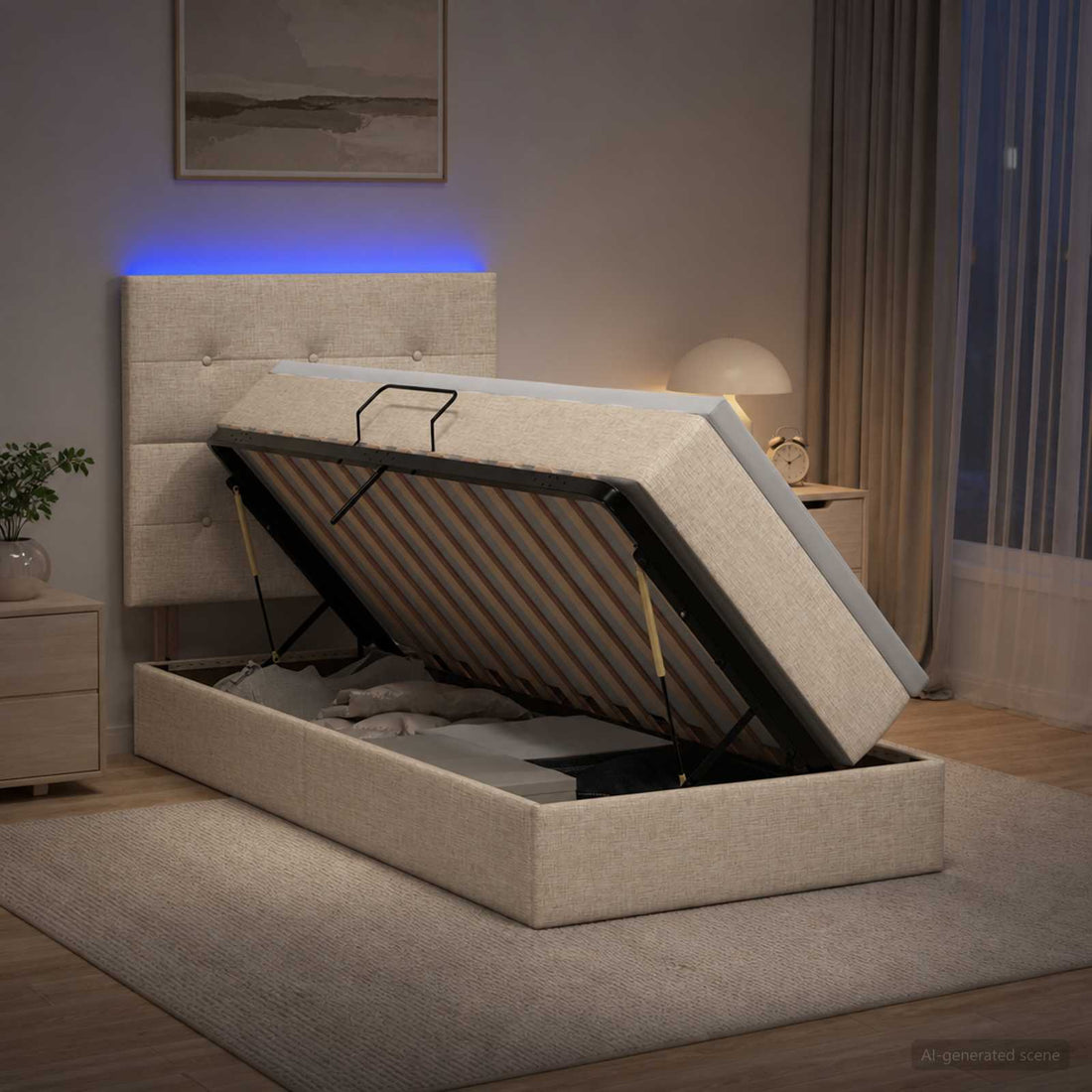 vidaXL Cama de almacenamiento LED con colchón Crema 90 x 200 cm Tela