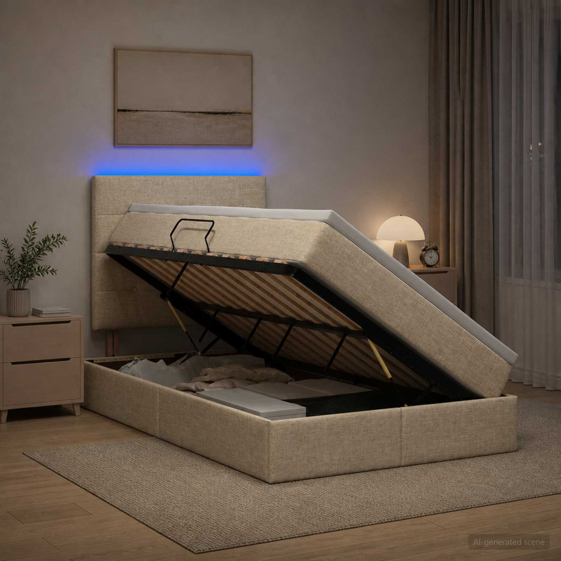 vidaXL Cama de almacenamiento LED con colchón Crema 120 x 200 cm Tela