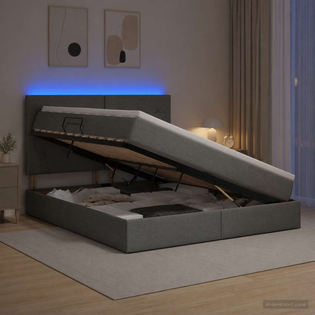 vidaXL Cama de almacenamiento LED con colchón Gris oscuro 140 x 200 cm