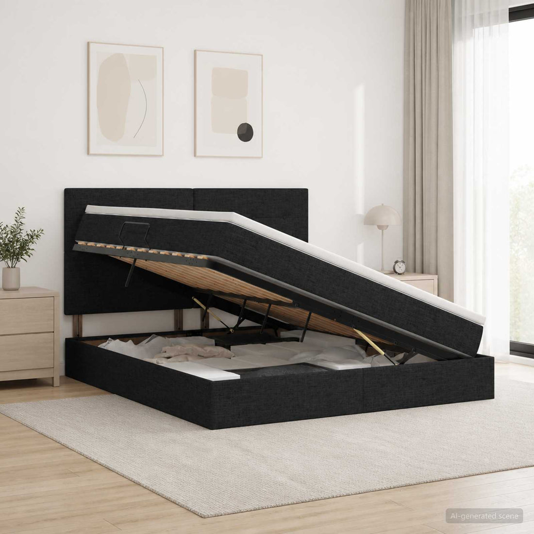 vidaXL Cama de almacenamiento LED con colchón Negro 180 x 200 cm Tela