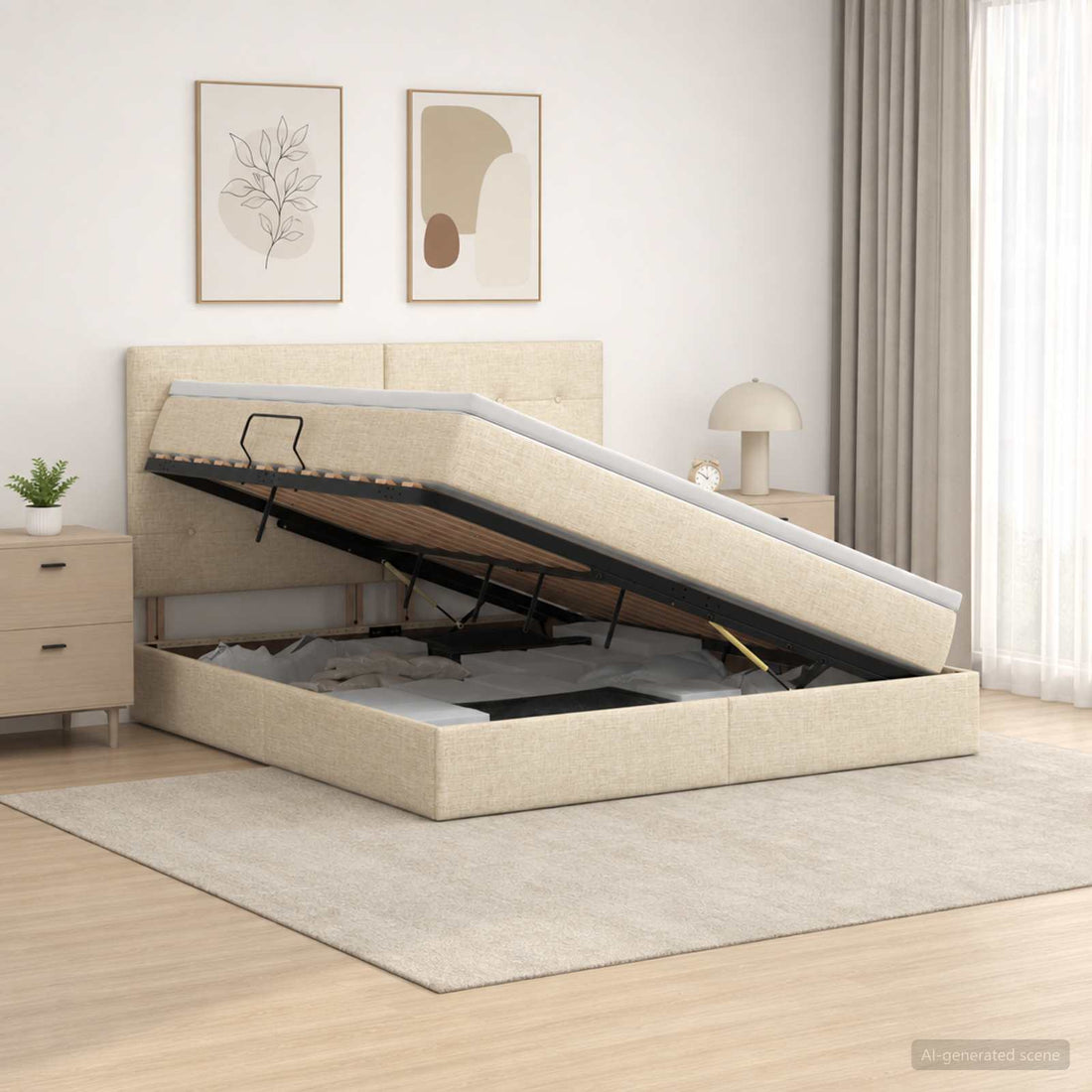 vidaXL Cama con almacenamiento y colchón Crema 180 x 200 cm tela