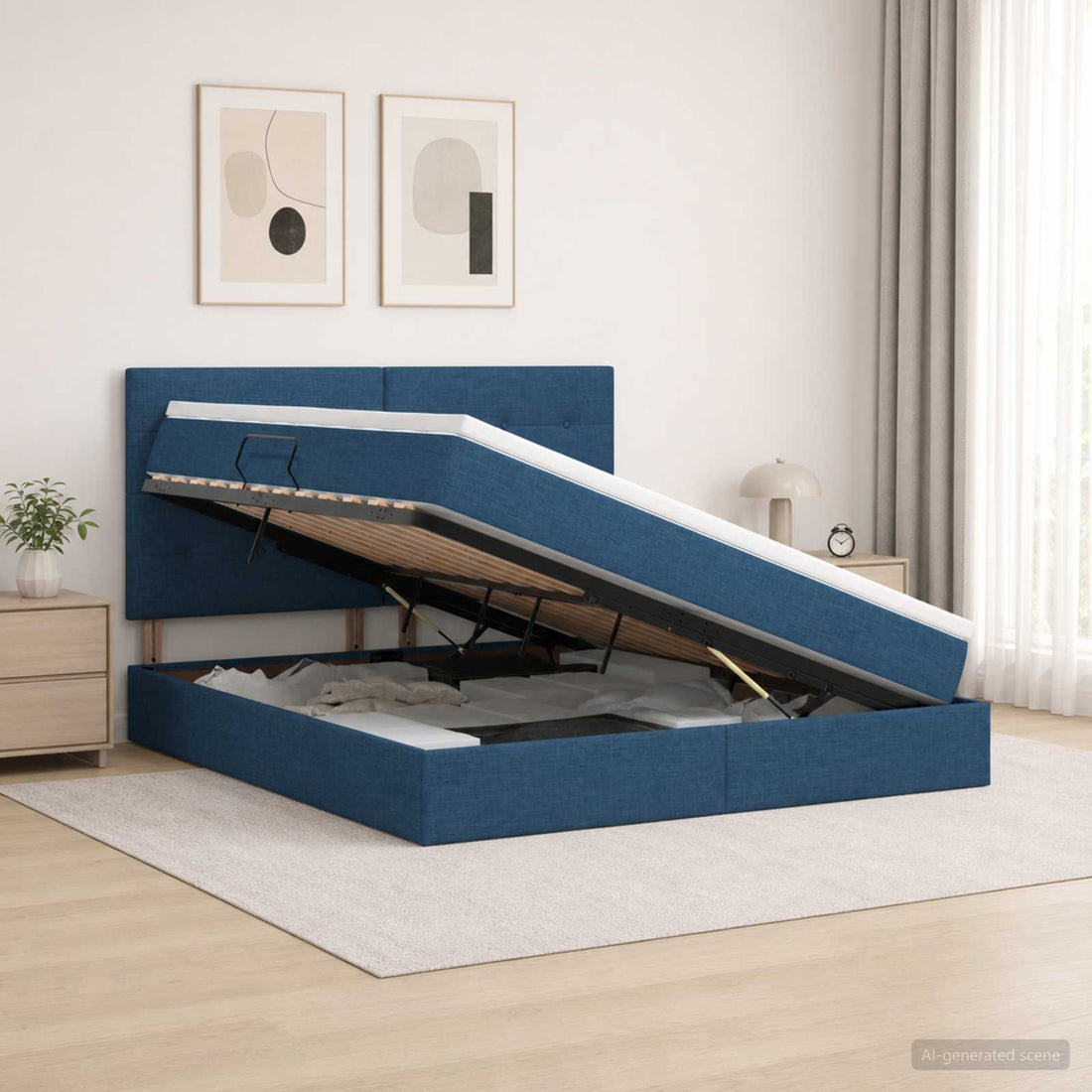 vidaXL Cama con almacenamiento y colchón Azul 140 x 200 cm tela