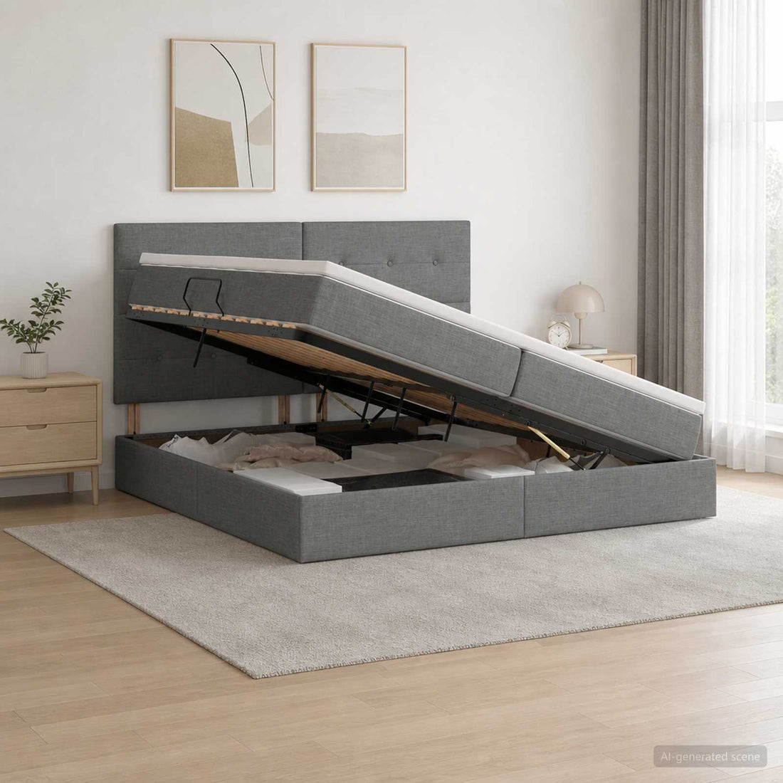 vidaXL Cama con almacenamiento y colchón Gris oscuro 200 x 200 cm tela