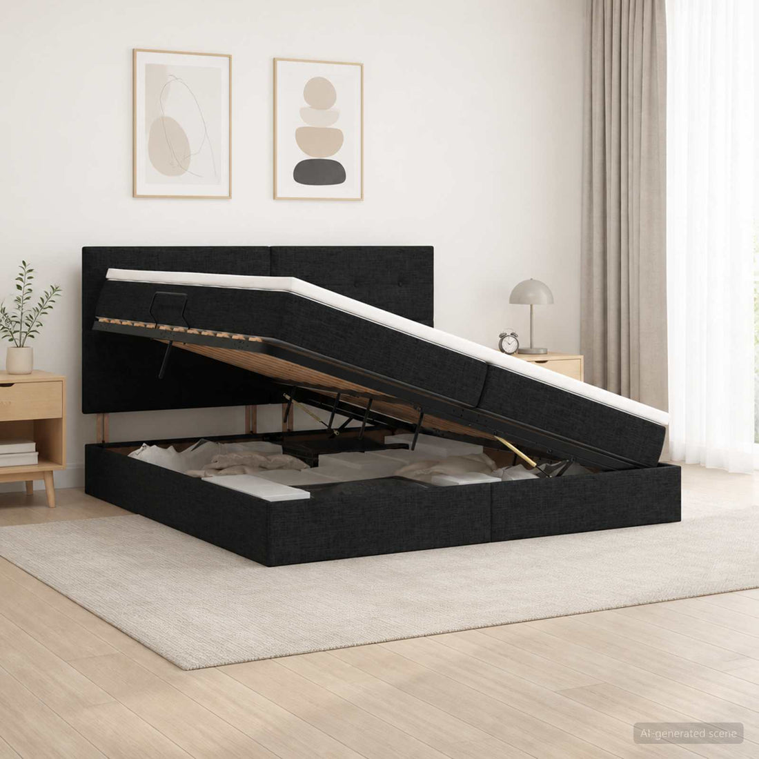 vidaXL Cama con almacenamiento y colchón Negro 200 x 200 cm tela