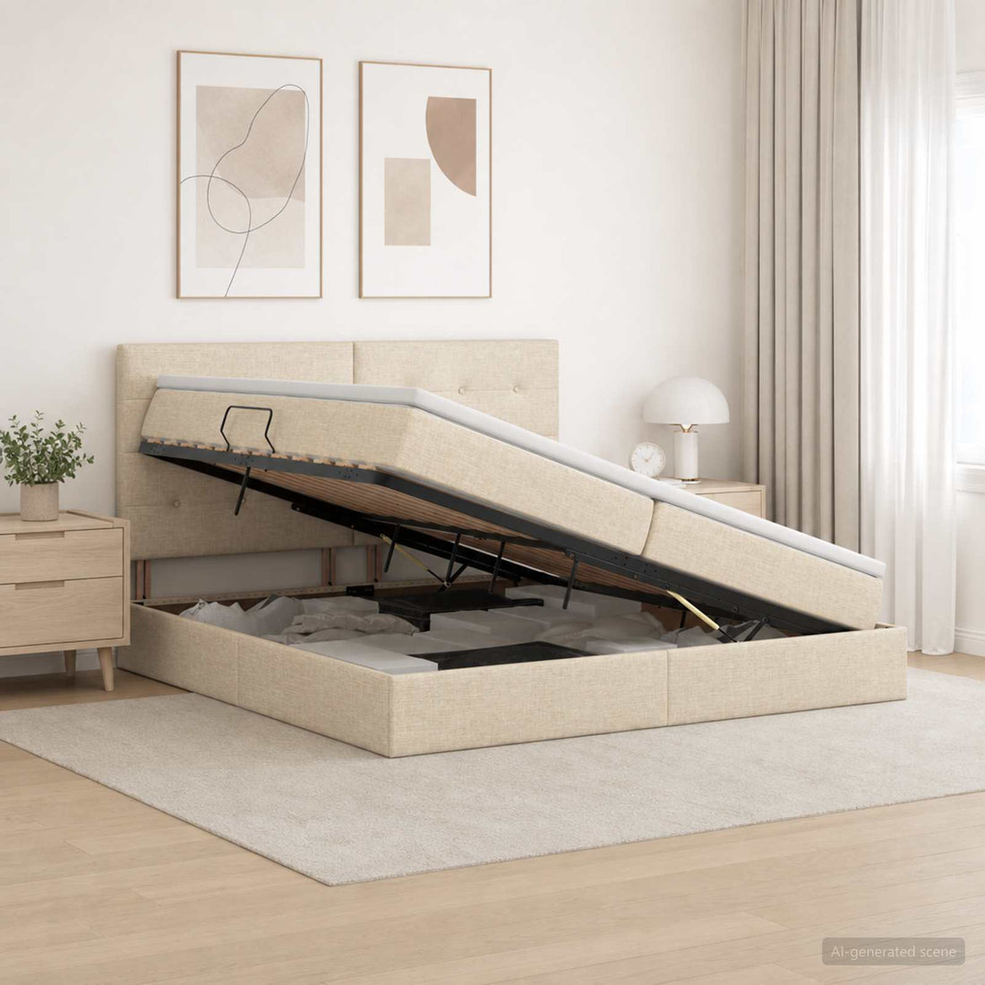 vidaXL Cama de almacenamiento LED con colchón Crema 200 x 200 cm Tela