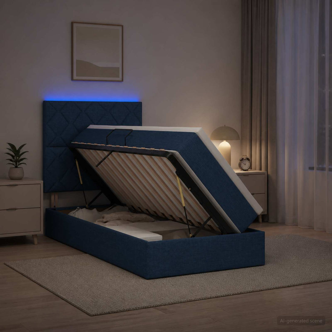 vidaXL Cama de almacenamiento LED con colchón Azul 100 x 200 cm Tela