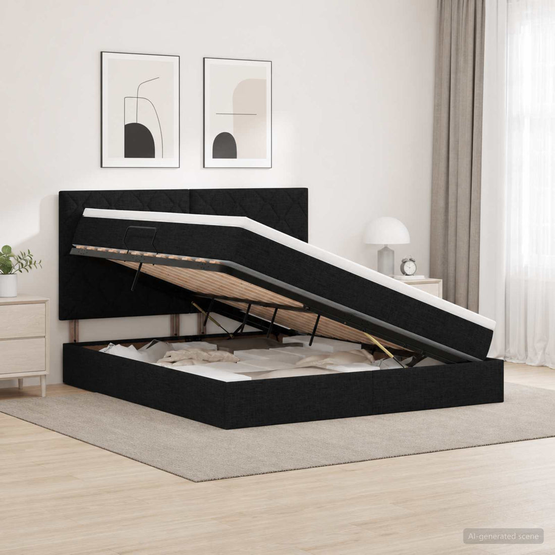 vidaXL Cama de almacenamiento LED con colchón Negro 140 x 190 cm Tela
