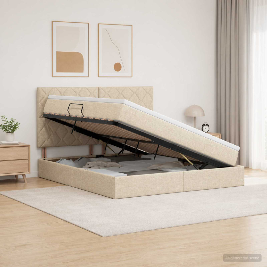 vidaXL Cama de almacenamiento LED con colchón Crema 180 x 200 cm Tela