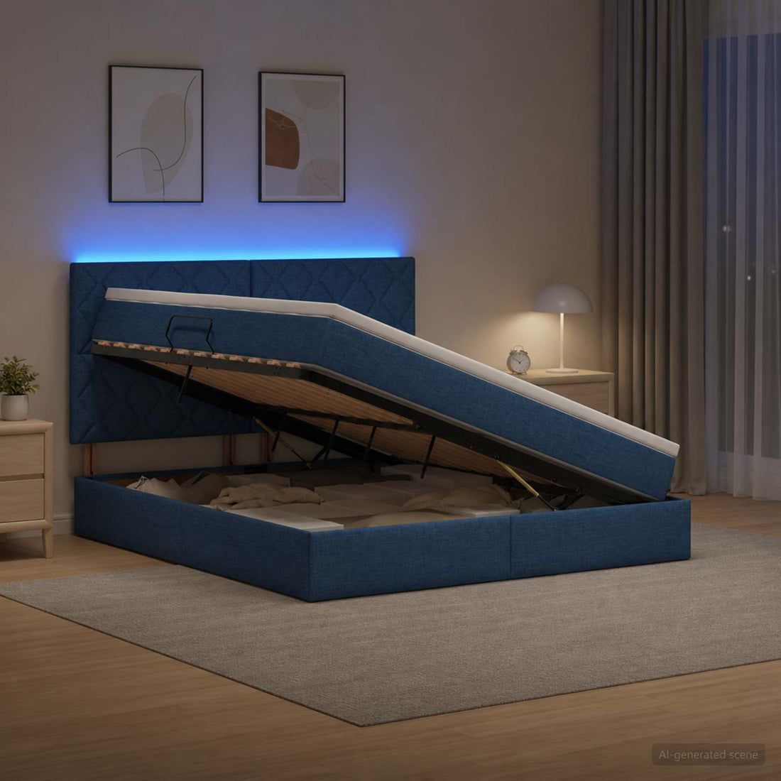 vidaXL Cama de almacenamiento LED con colchón Azul 140 x 200 cm Tela