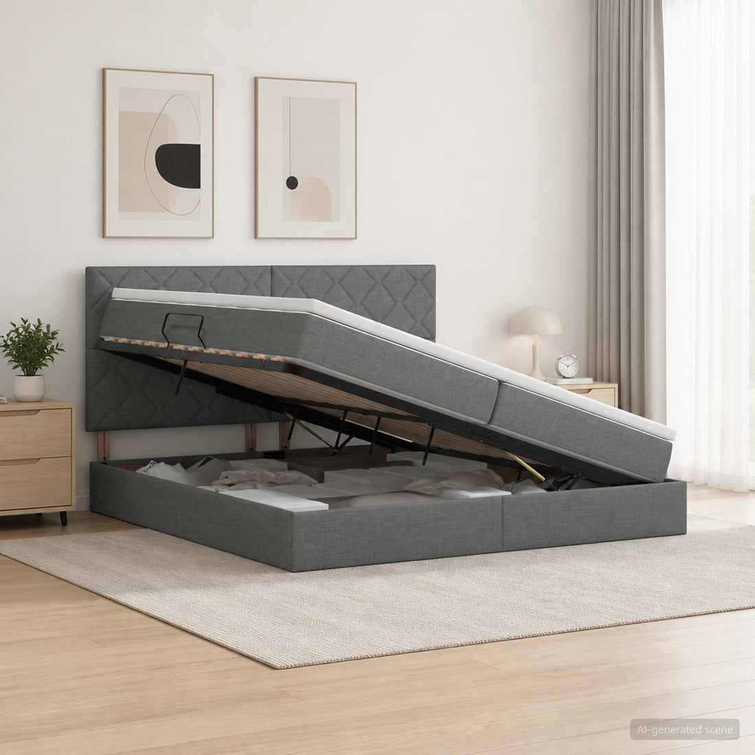 vidaXL Cama con almacenamiento y colchón Gris oscuro 200 x 200 cm tela