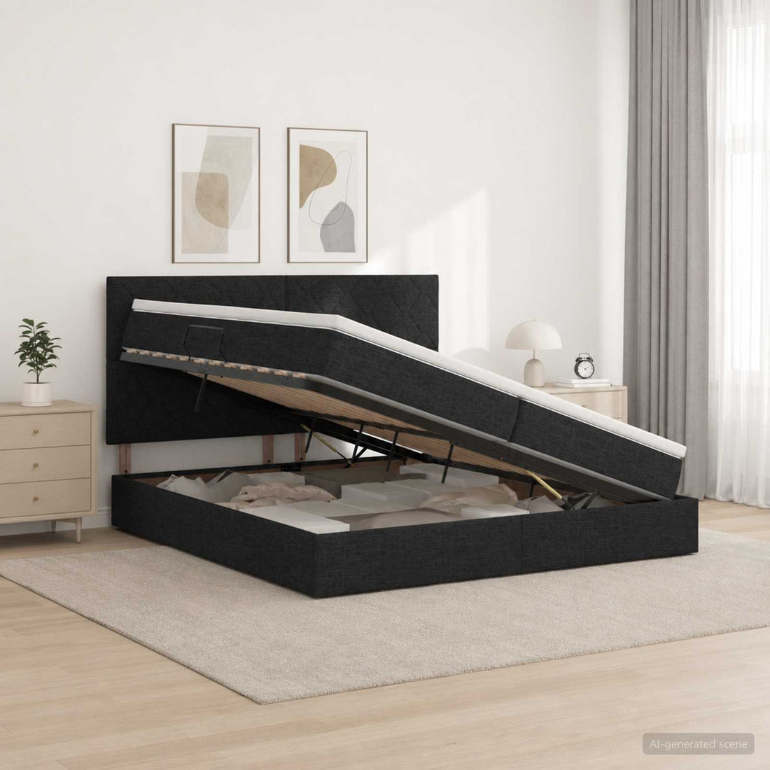 vidaXL Cama de almacenamiento LED con colchón Negro 200 x 200 cm Tela