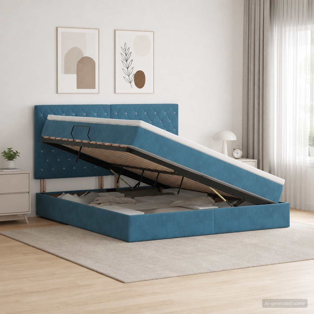 vidaXL Cama con almacenamiento y colchón Azul Oscuro 160 x 200 cm