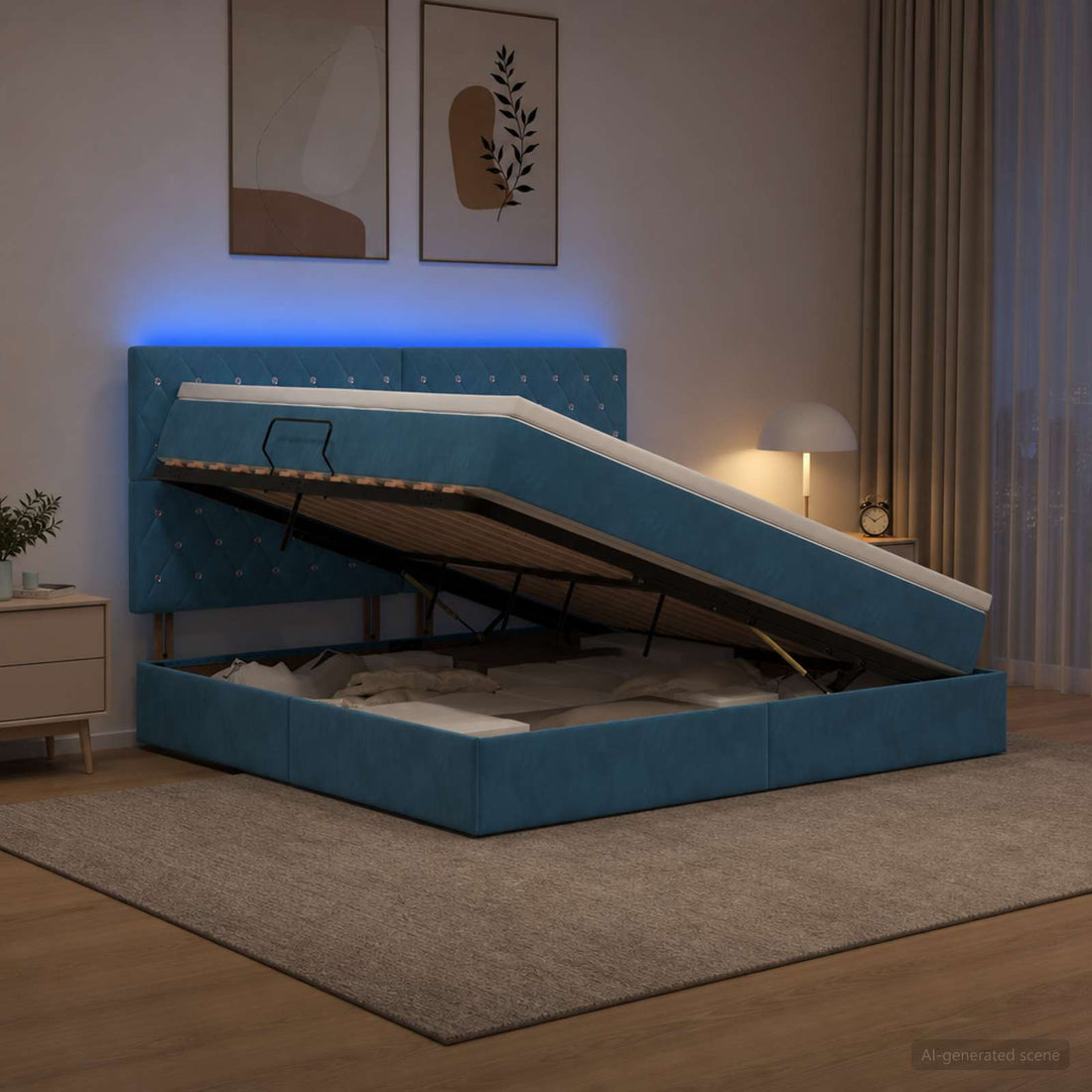 vidaXL Cama de almacenamiento LED con colchón Azul Oscuro 140 x 200 cm