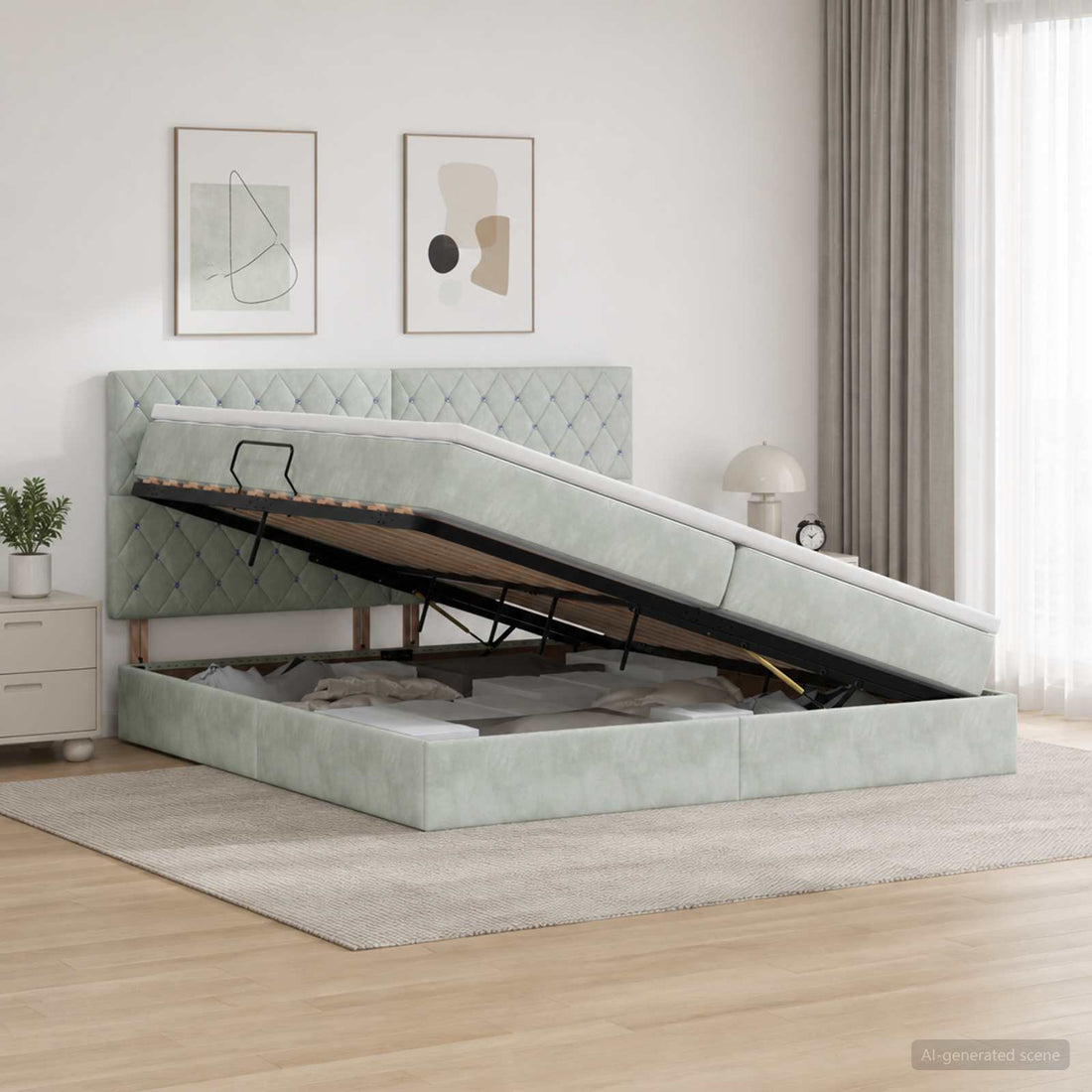 vidaXL Cama con almacenamiento y colchón Gris Claro 200 x 200 cm