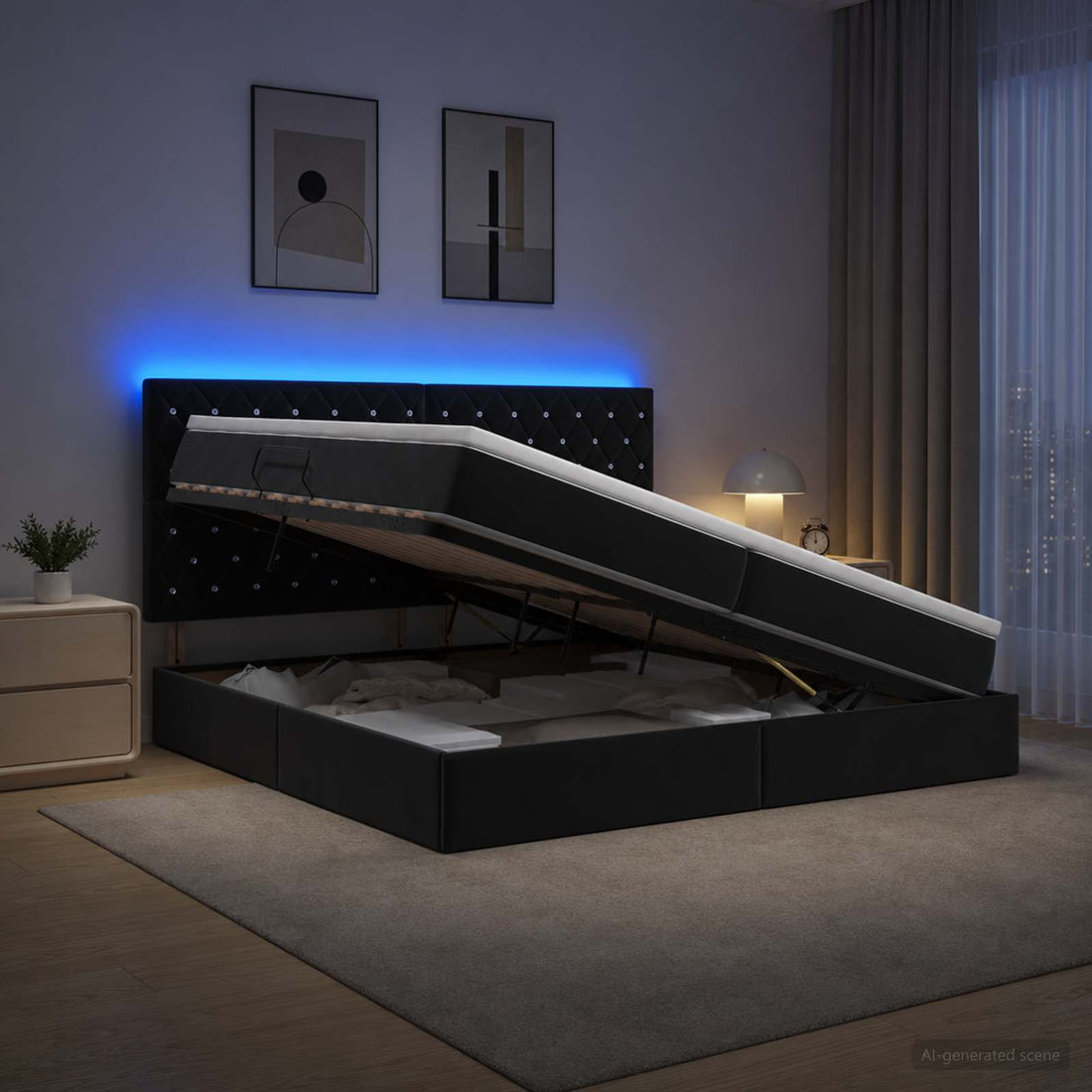 vidaXL Cama de almacenamiento LED con colchón Negro 200 x 200 cm
