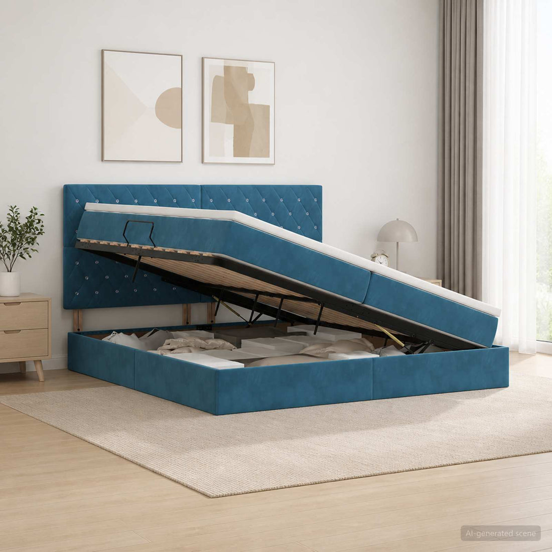vidaXL Cama con almacenamiento y colchón Azul Oscuro 200 x 200 cm