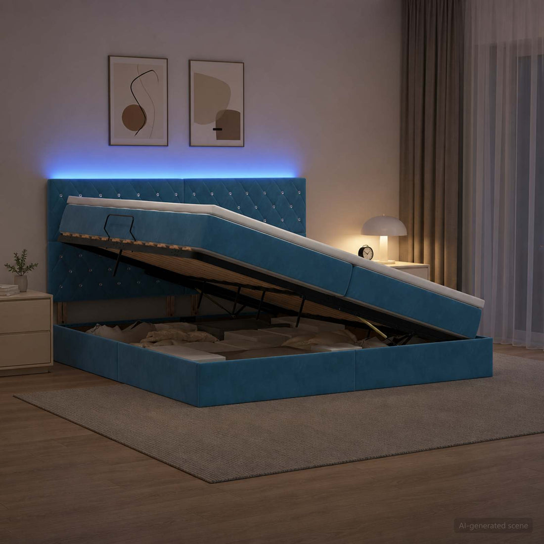 vidaXL Cama de almacenamiento LED con colchón Azul Oscuro 200 x 200 cm