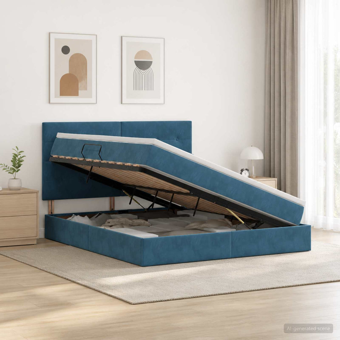 vidaXL Cama con almacenamiento y colchón Azul Oscuro 140 x 200 cm