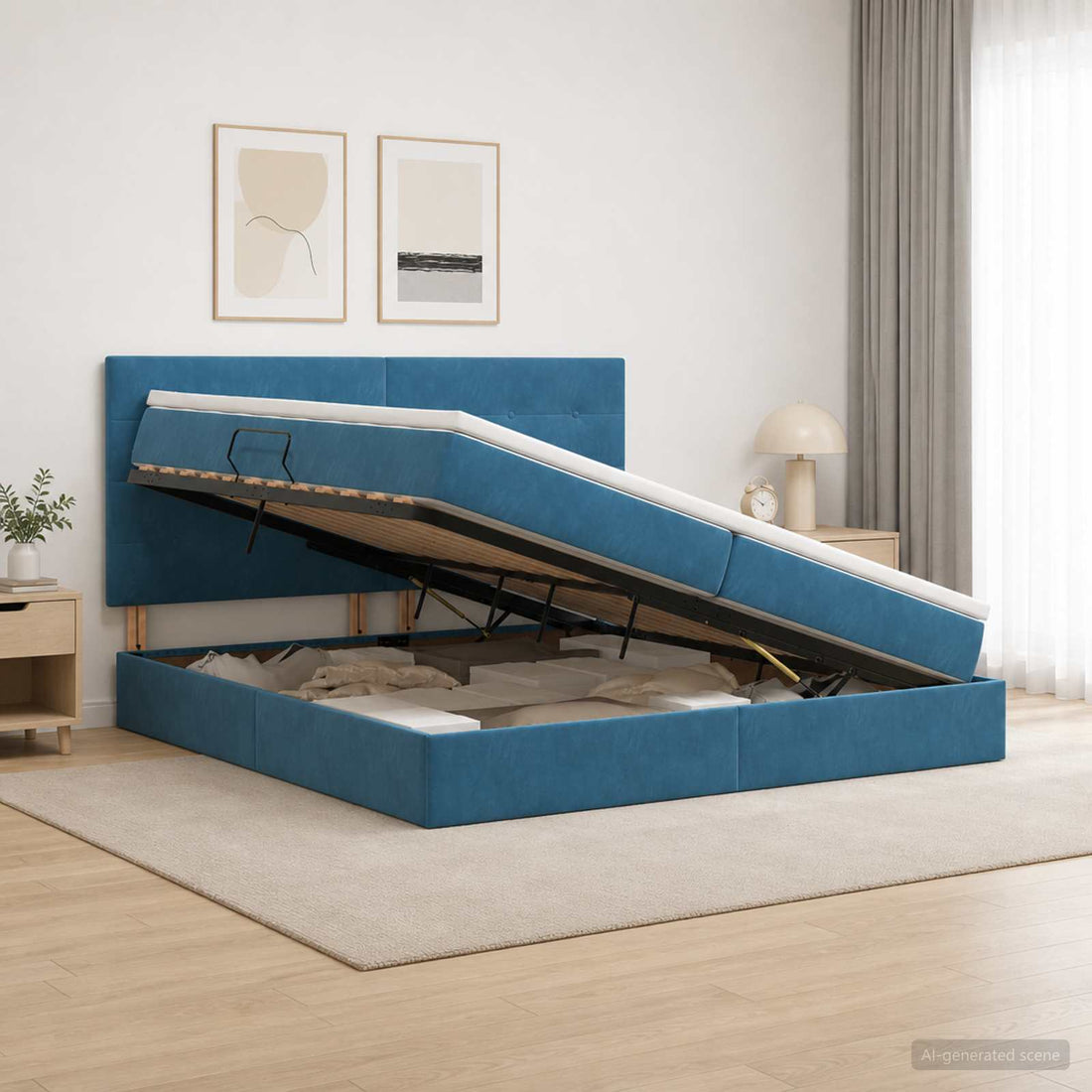 vidaXL Cama con almacenamiento y colchón Azul Oscuro 200 x 200 cm