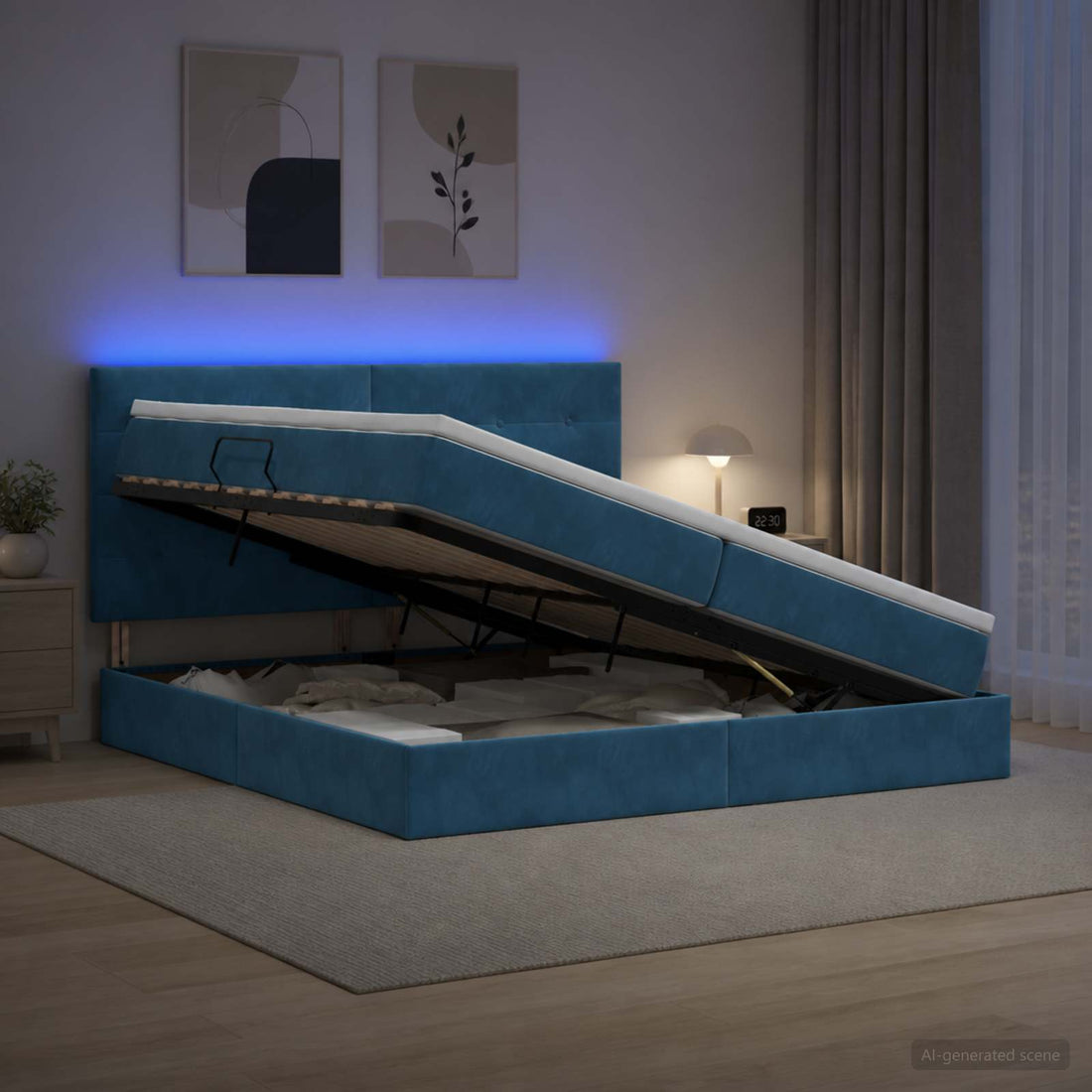 vidaXL Cama de almacenamiento LED con colchón Azul Oscuro 200 x 200 cm