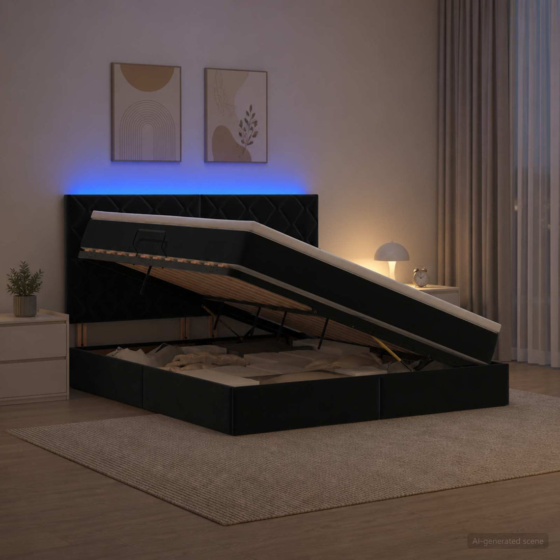 vidaXL Cama de almacenamiento LED con colchón Negro 180 x 200 cm