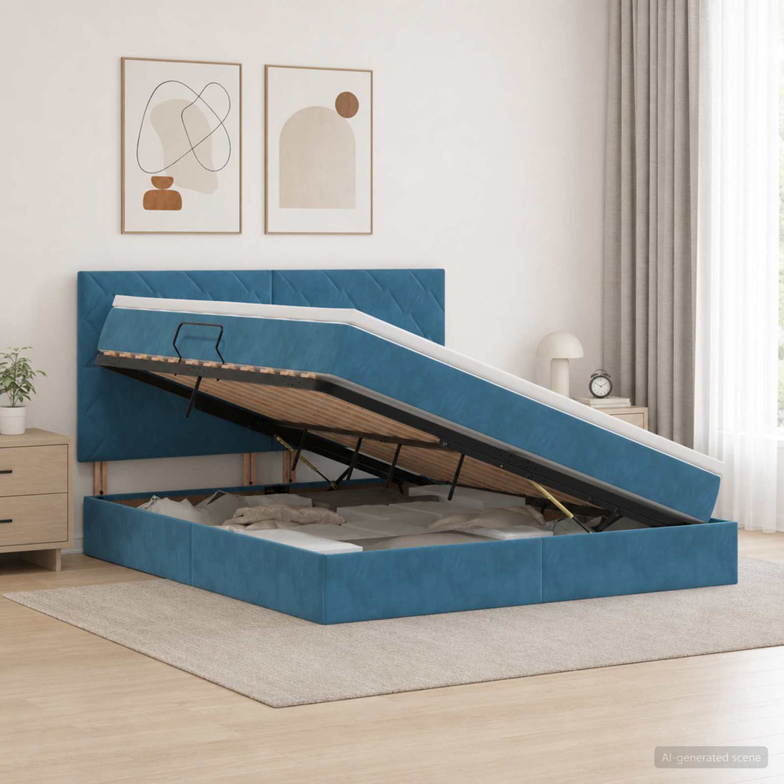 vidaXL Cama de almacenamiento LED con colchón Azul Oscuro 180 x 200 cm