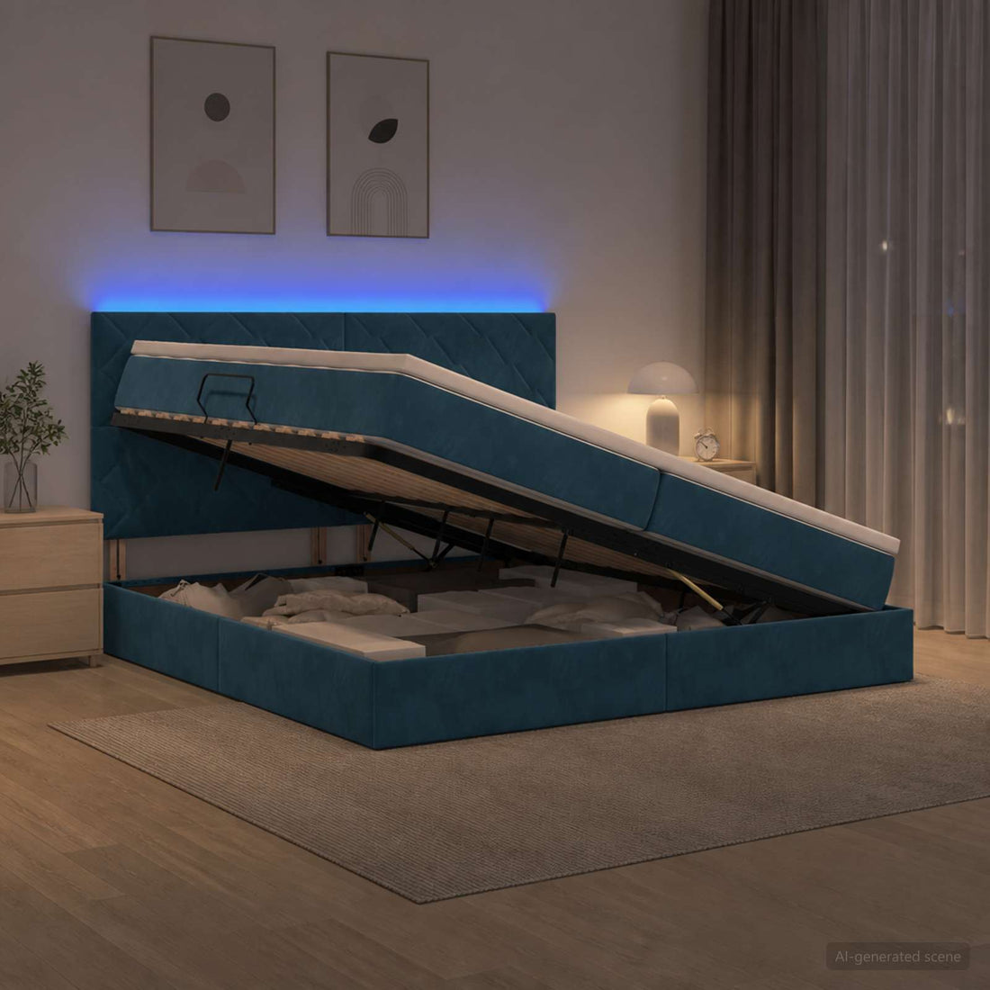 vidaXL Cama de almacenamiento LED con colchón Azul Oscuro 200 x 200 cm