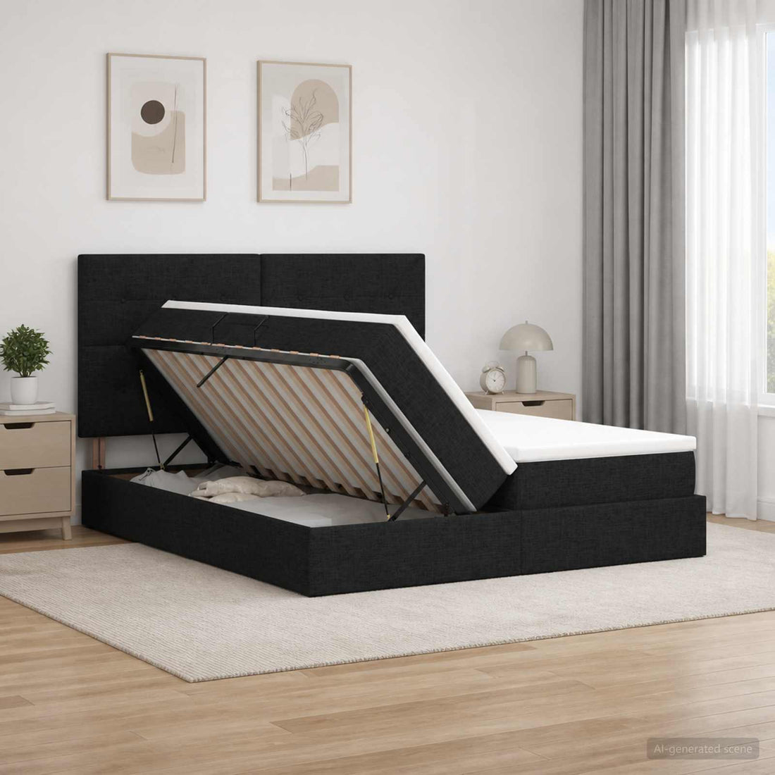 vidaXL Cama de almacenamiento LED con colchón Negro 200 x 200 cm Tela