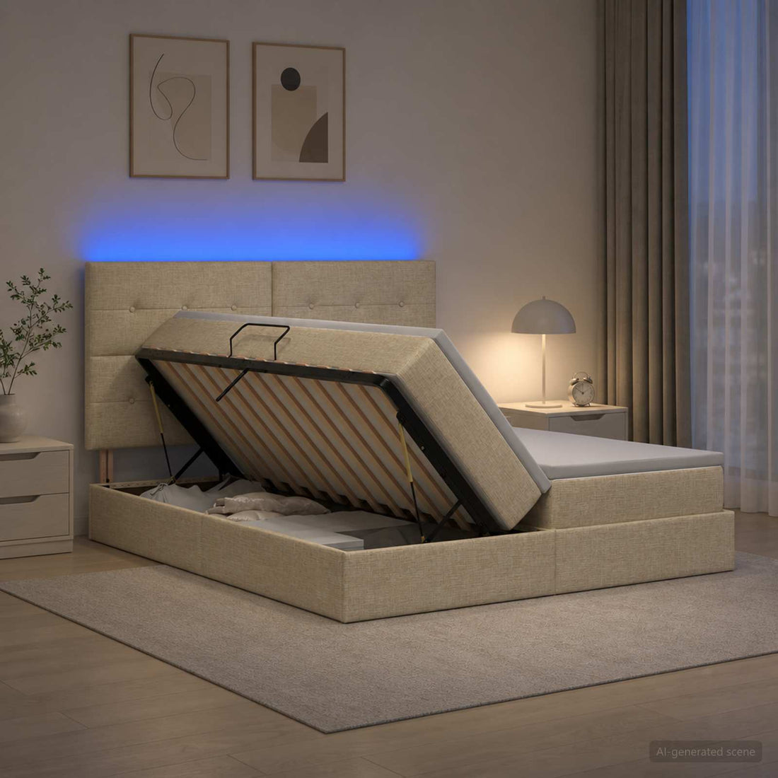 vidaXL Cama de almacenamiento LED con colchón Crema 180 x 200 cm Tela