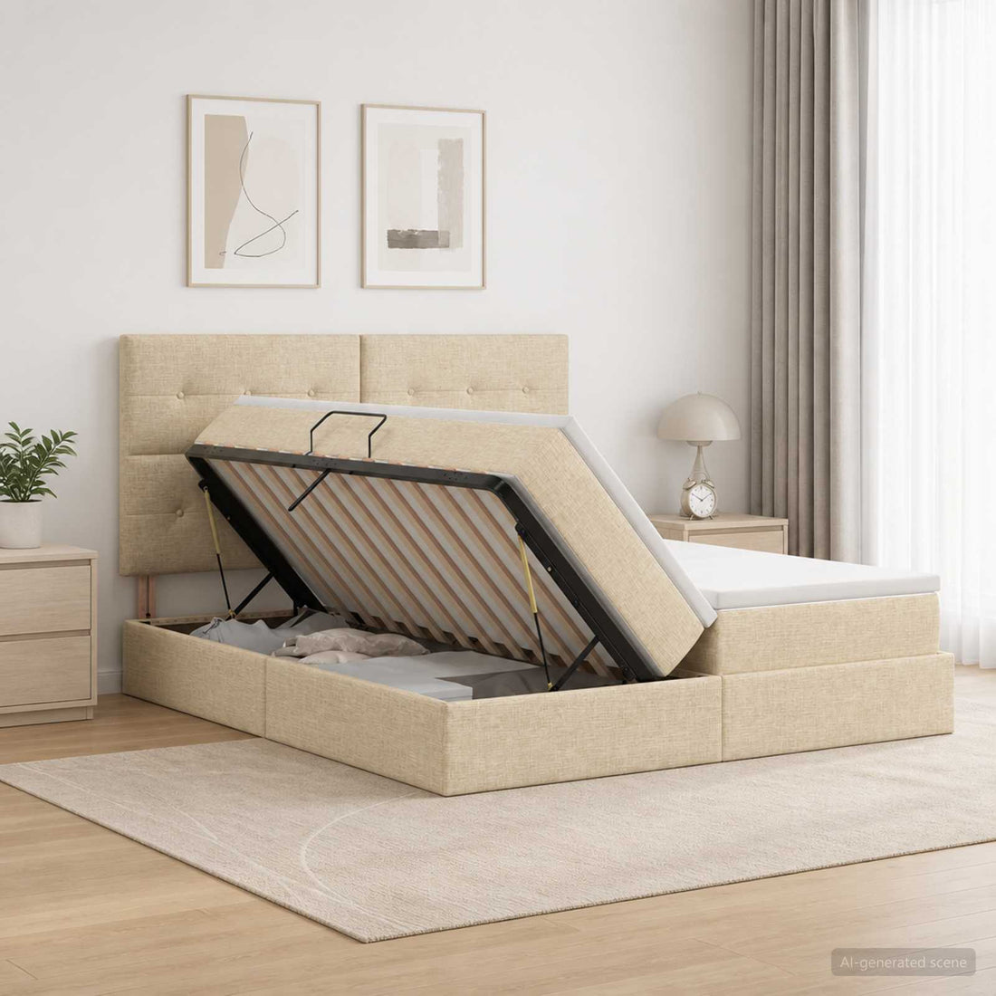 vidaXL Cama con almacenamiento con cabecera Crema 200 x 200 cm Tela