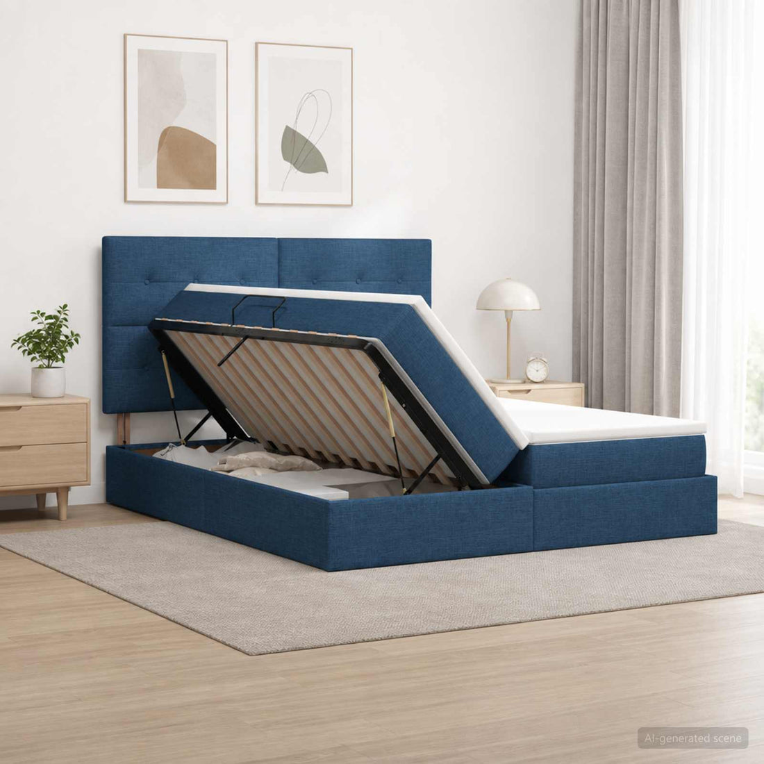 vidaXL Cama con almacenamiento con cabecera Azul 200 x 200 cm Tela