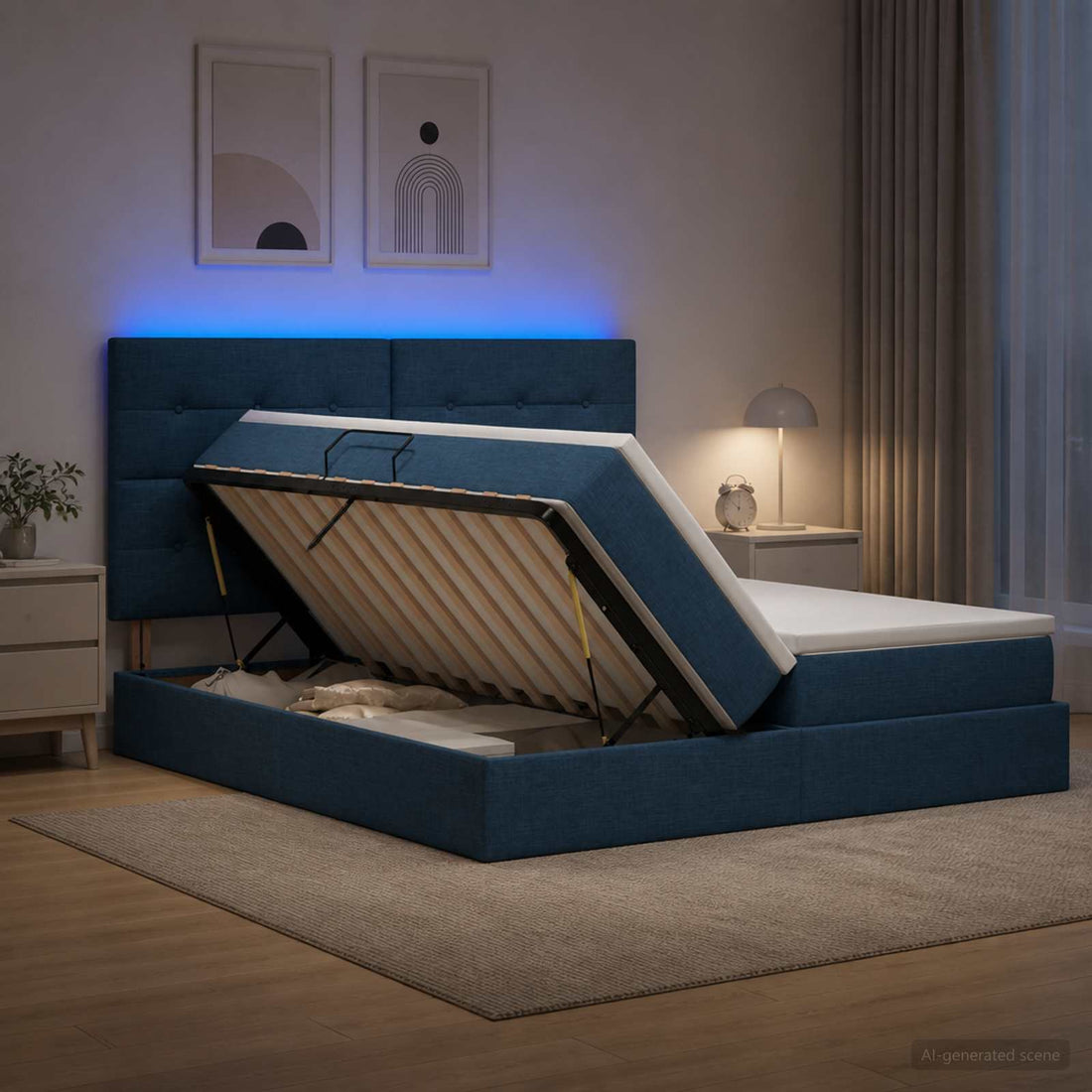 vidaXL Cama de almacenamiento LED con colchón Azul 200 x 200 cm Tela