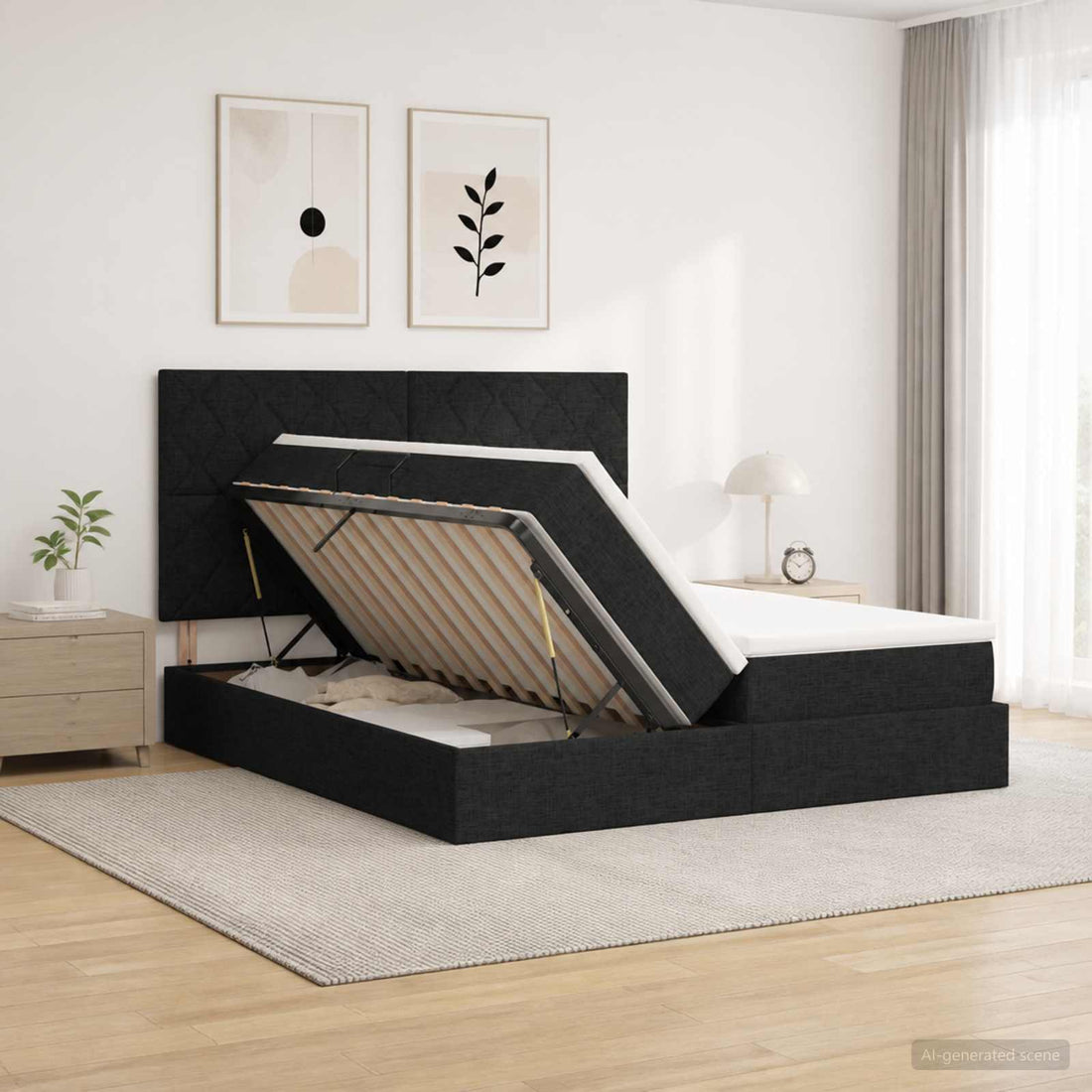 vidaXL Cama con almacenamiento con cabecera Negro 200 x 200 cm Tela
