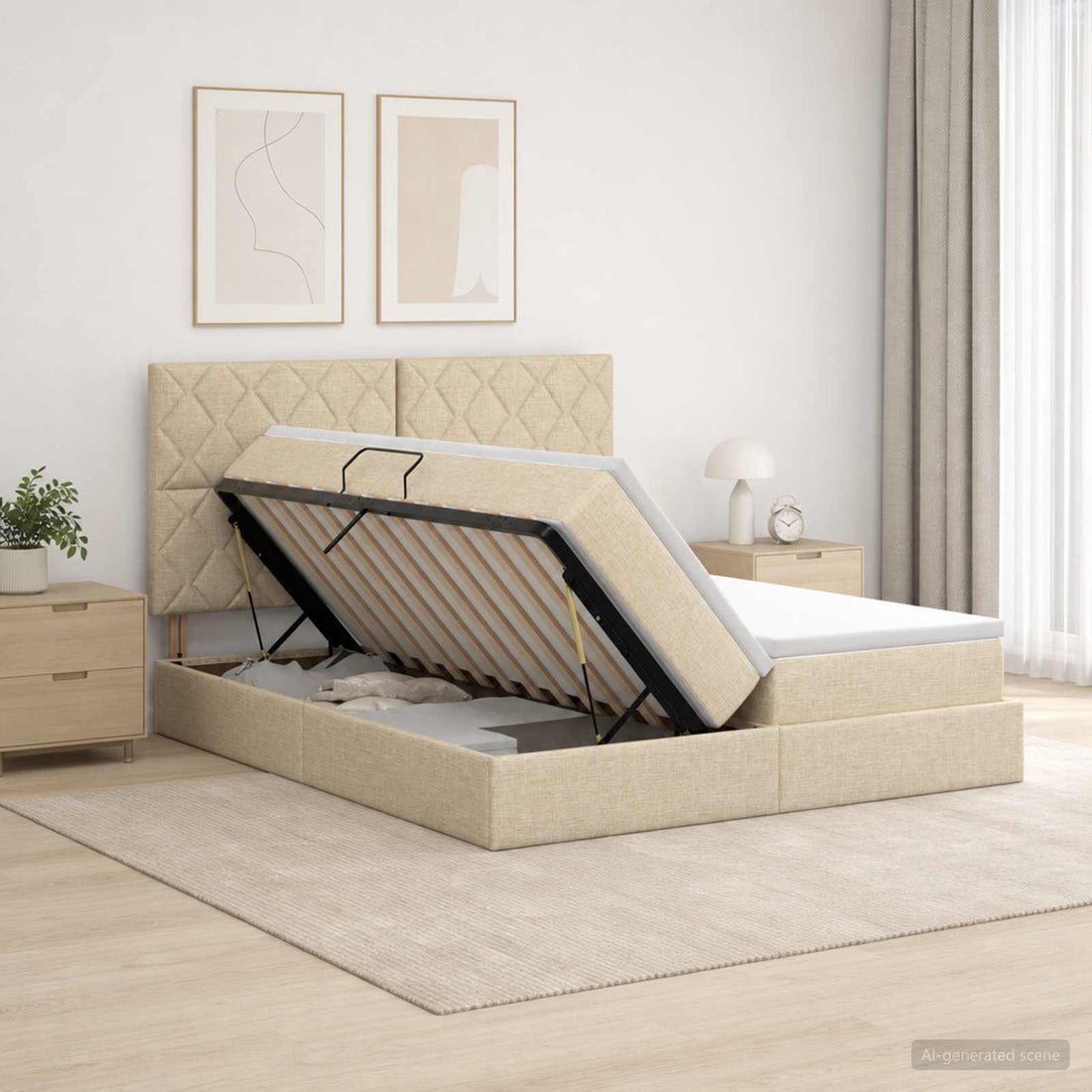 vidaXL Cama de almacenamiento LED con colchón Crema 180 x 200 cm Tela