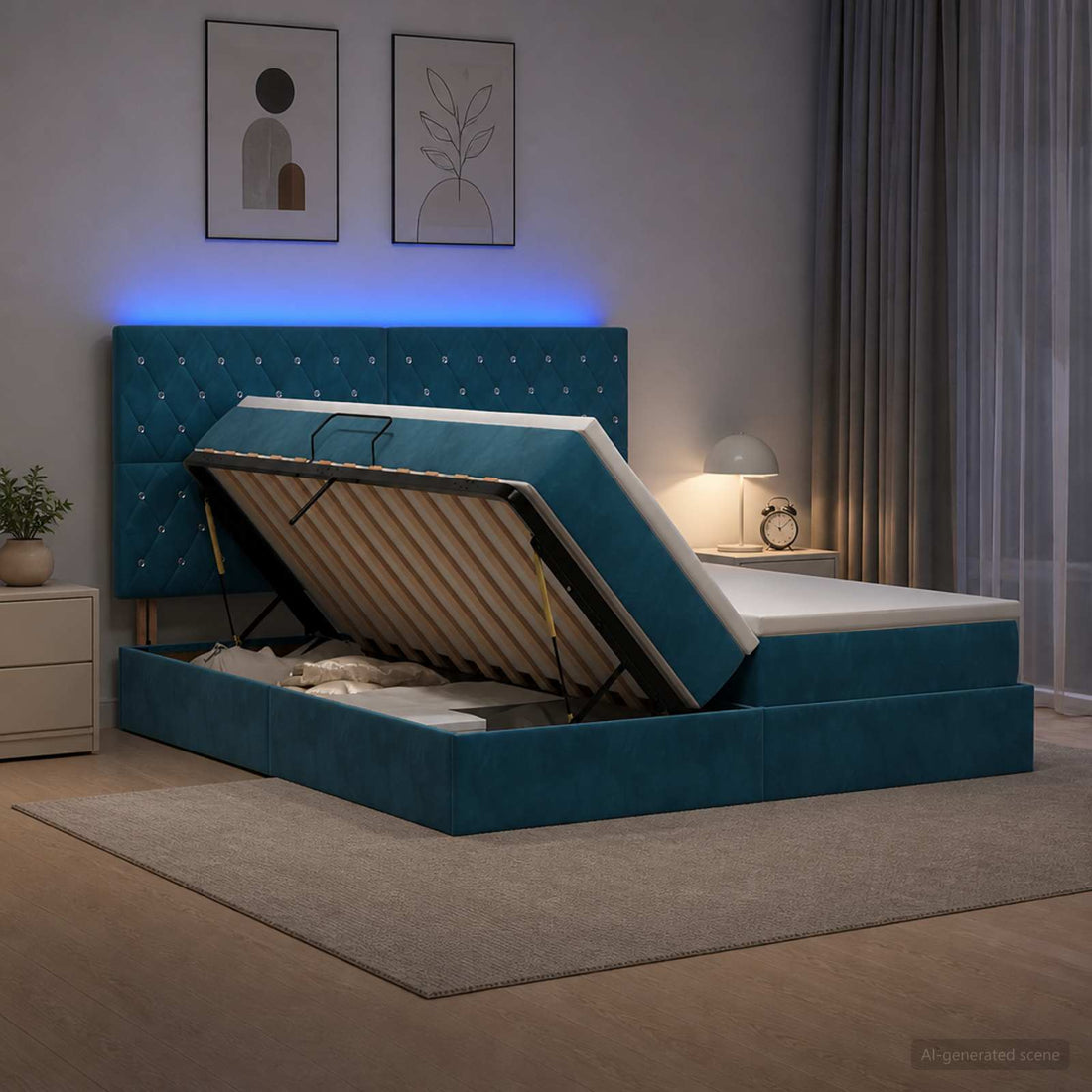 vidaXL Cama de almacenamiento LED con colchón Azul Oscuro 200 x 200 cm
