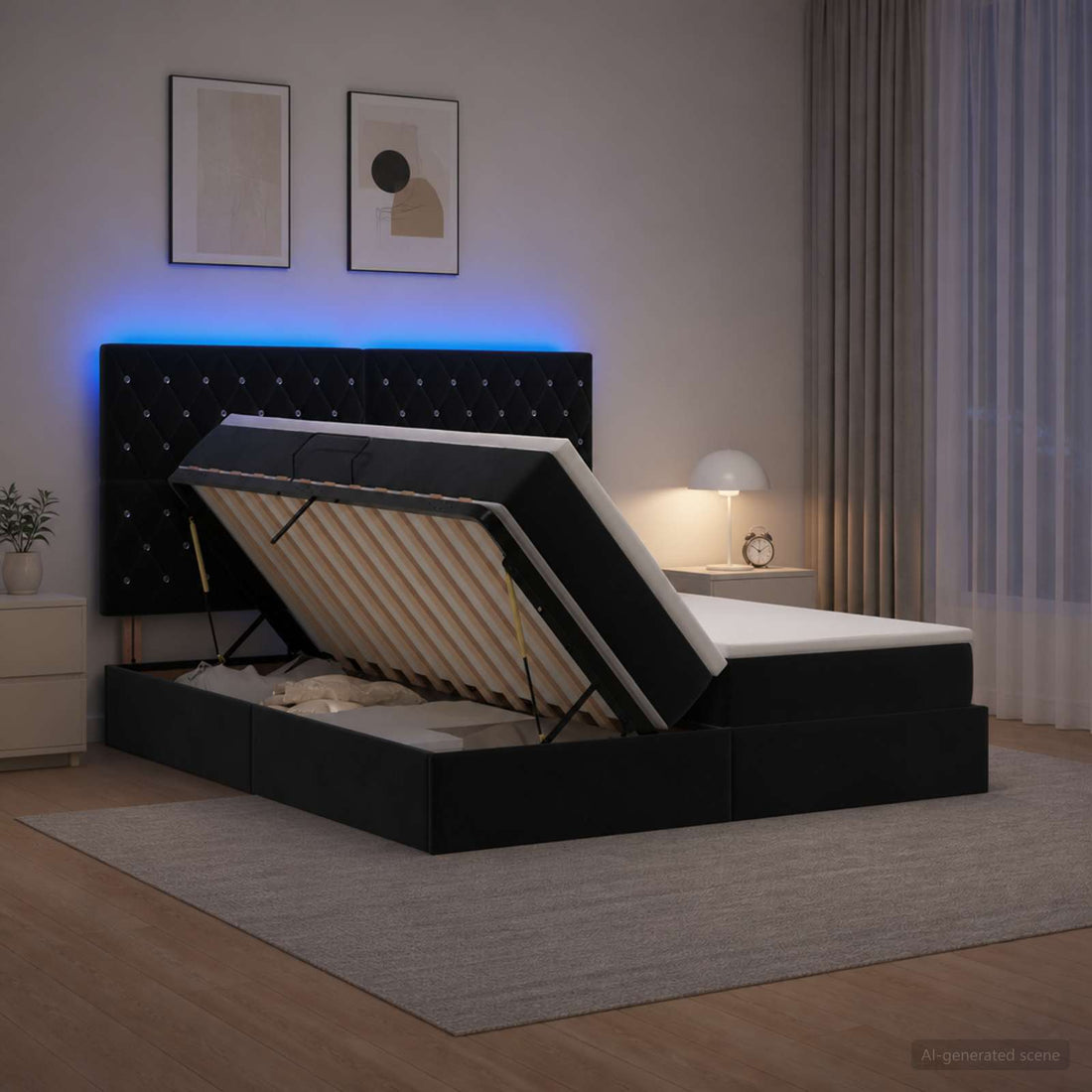vidaXL Cama de almacenamiento LED con colchón Negro 200 x 200 cm