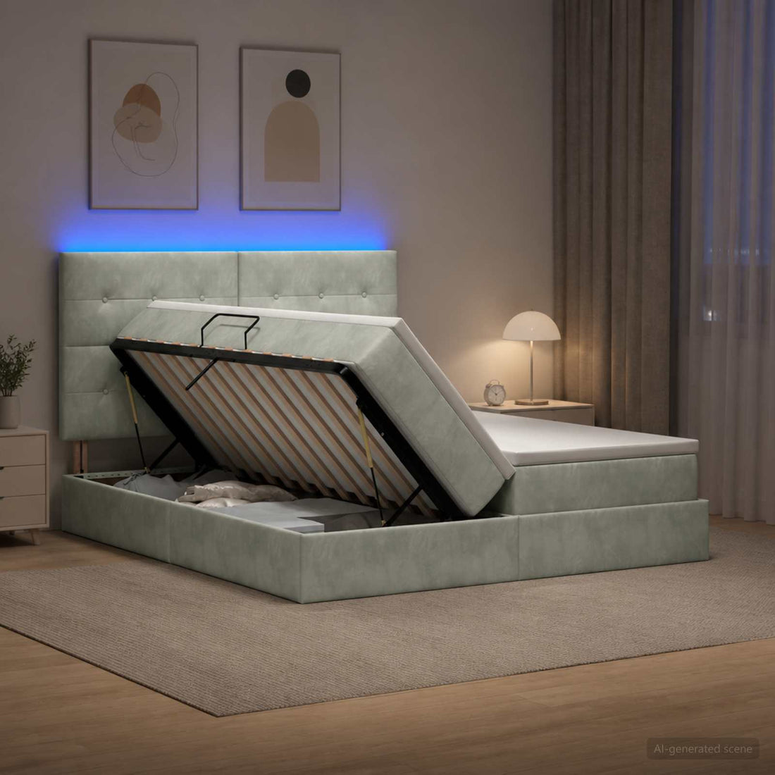 vidaXL Cama de almacenamiento LED con colchón Gris Claro 200 x 200 cm