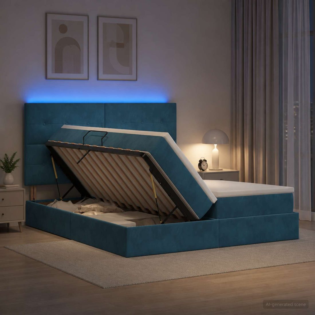 vidaXL Cama de almacenamiento LED con colchón Azul Oscuro 200 x 200 cm