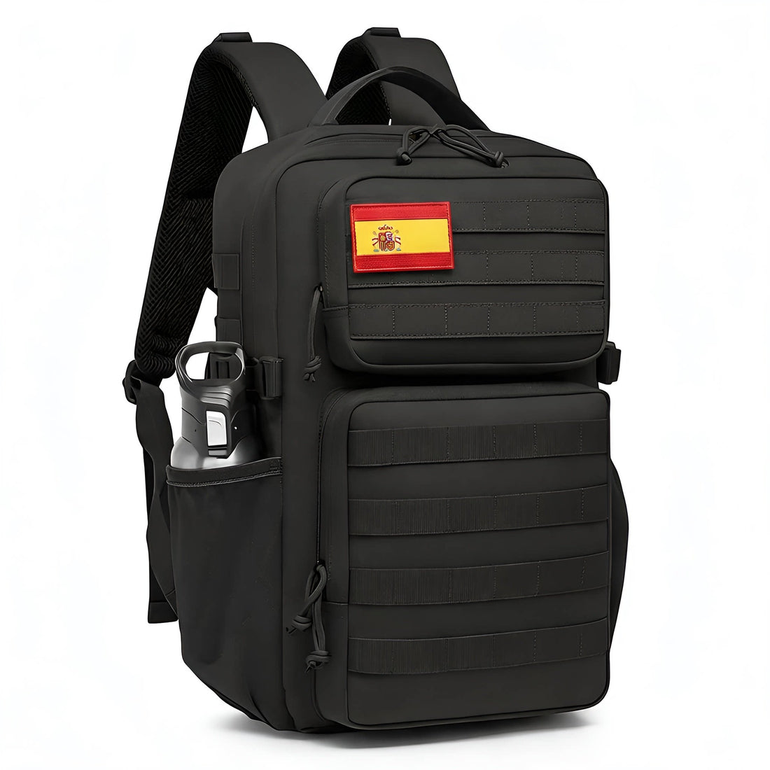 Mochila tactica grande MOLLE impermeable negra con parche bandera de Espana