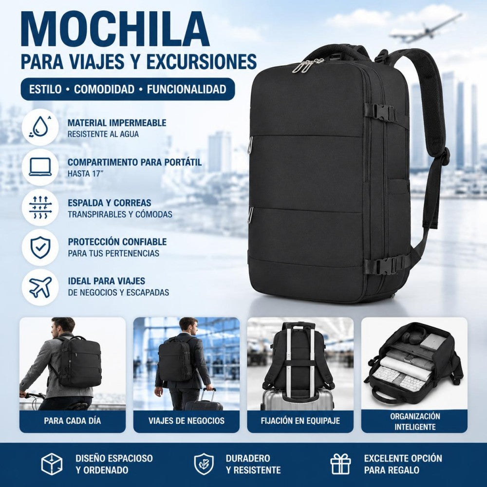 Mochila de cabina expandible negra con puerto USB y apertura 180 grados