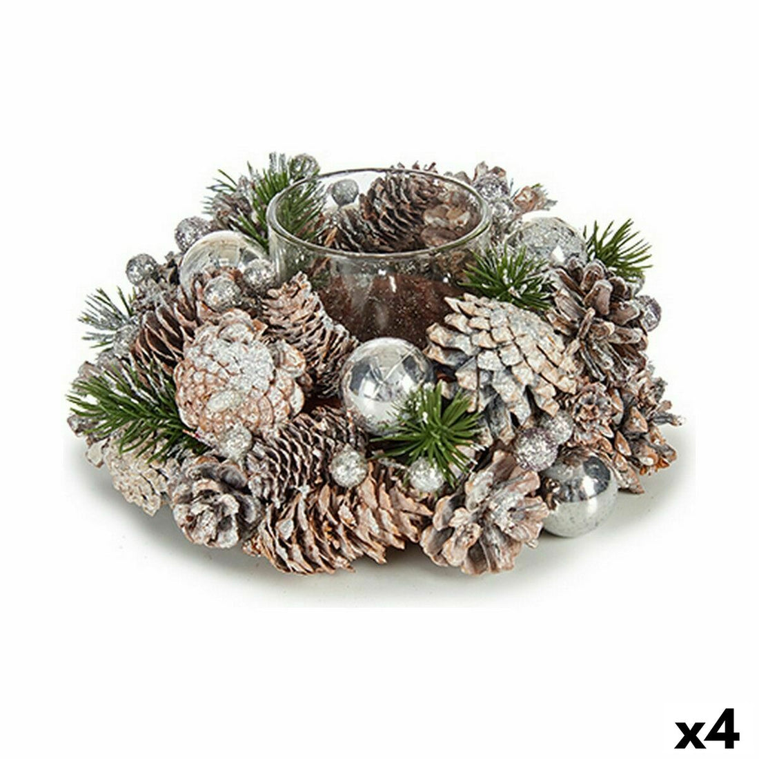 Portavelas Navideño Blanco Transparente Plateado 19 x 9 x 19 cm (4 Unidades) Vidrio