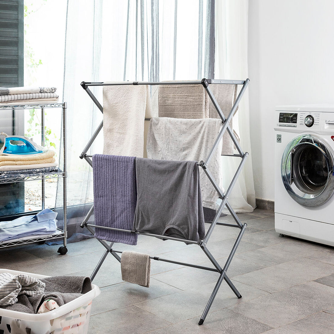 Tendedero Metálico Plegable y Extensible con 3 Alturas Cloxy 11 barras Hierro Gris