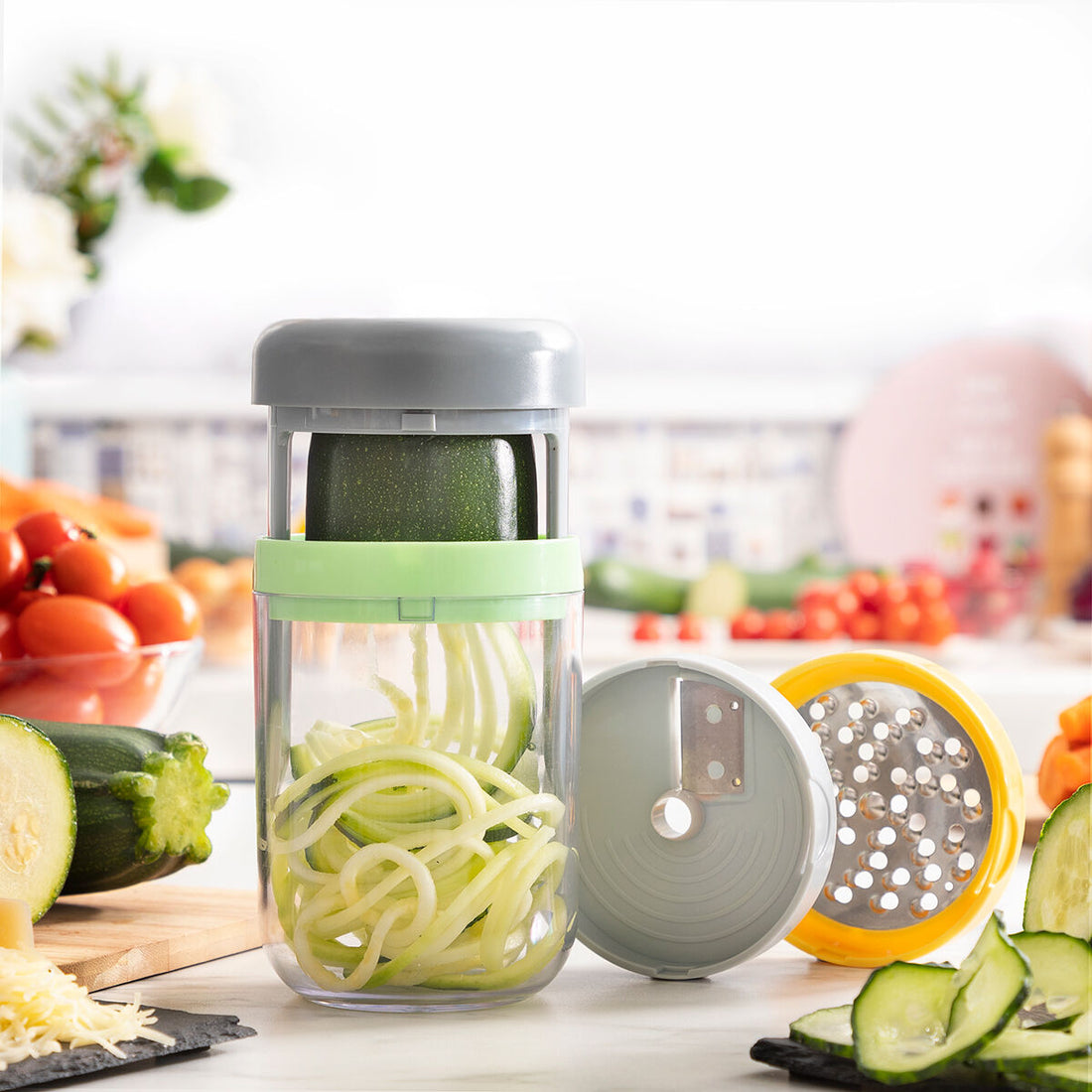 Cortador de Verduras en Espiral y Rallador con Recetas Vigizer sin BPA Vida Sana Gris