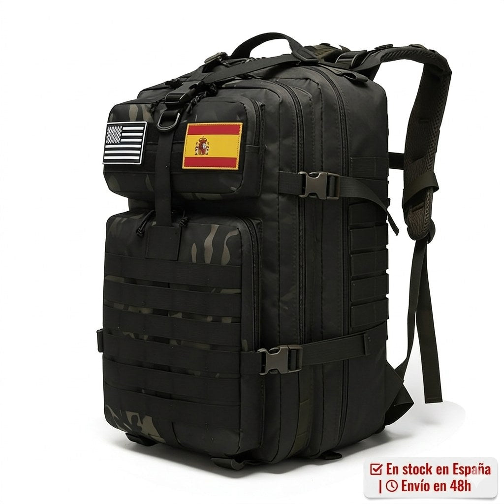 Mochila de Trekking 50L Varios Días | MOLLE Láser Oxford 900D y Bolsillo Trasero Oculto - Negro