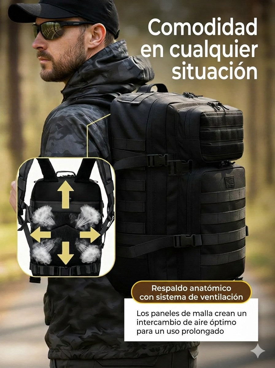 Mochila Militar 50L Apertura 180º | Cinco Colores Respaldo Ventilado y Oxford 900D - Negro
