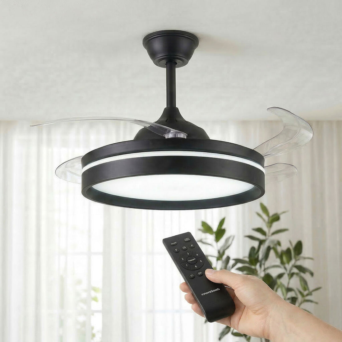Ventilador de Techo con Luz LED, 4 Aspas Retráctiles y Mando a Distancia ABS Estilo Zen Verano